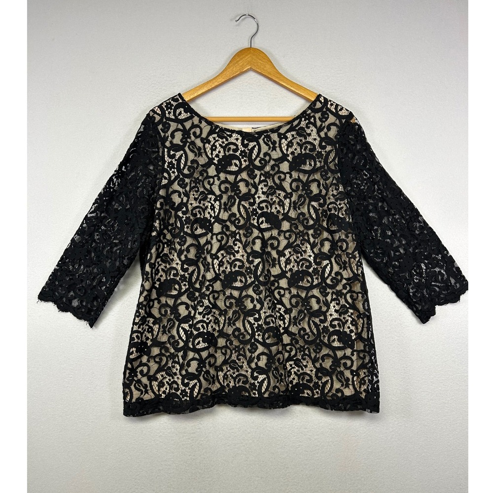 Romanticโ Goth H&M Women XL Black Floral Lace 3/4 Sleeve Lined Blouse Top